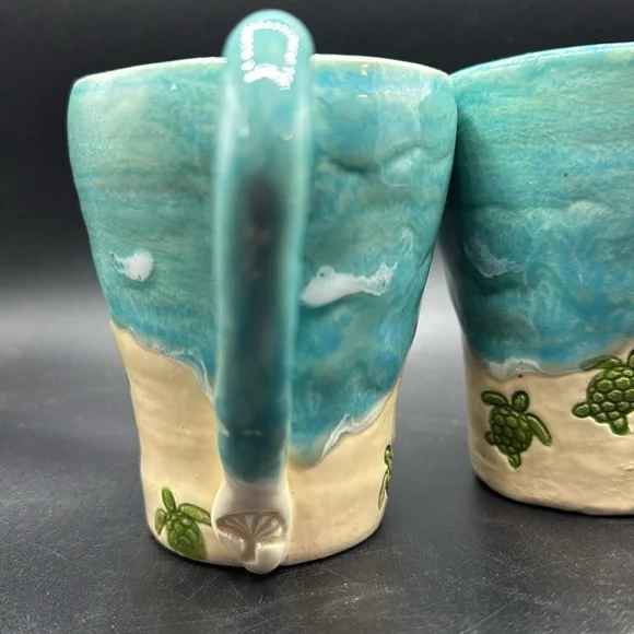 Handmade Potteryy Beach Turtle Mug Set